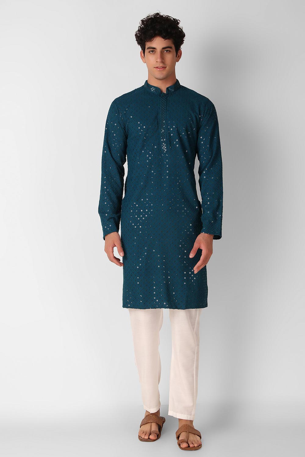 Teal Cotton Embroidered Long Kurta