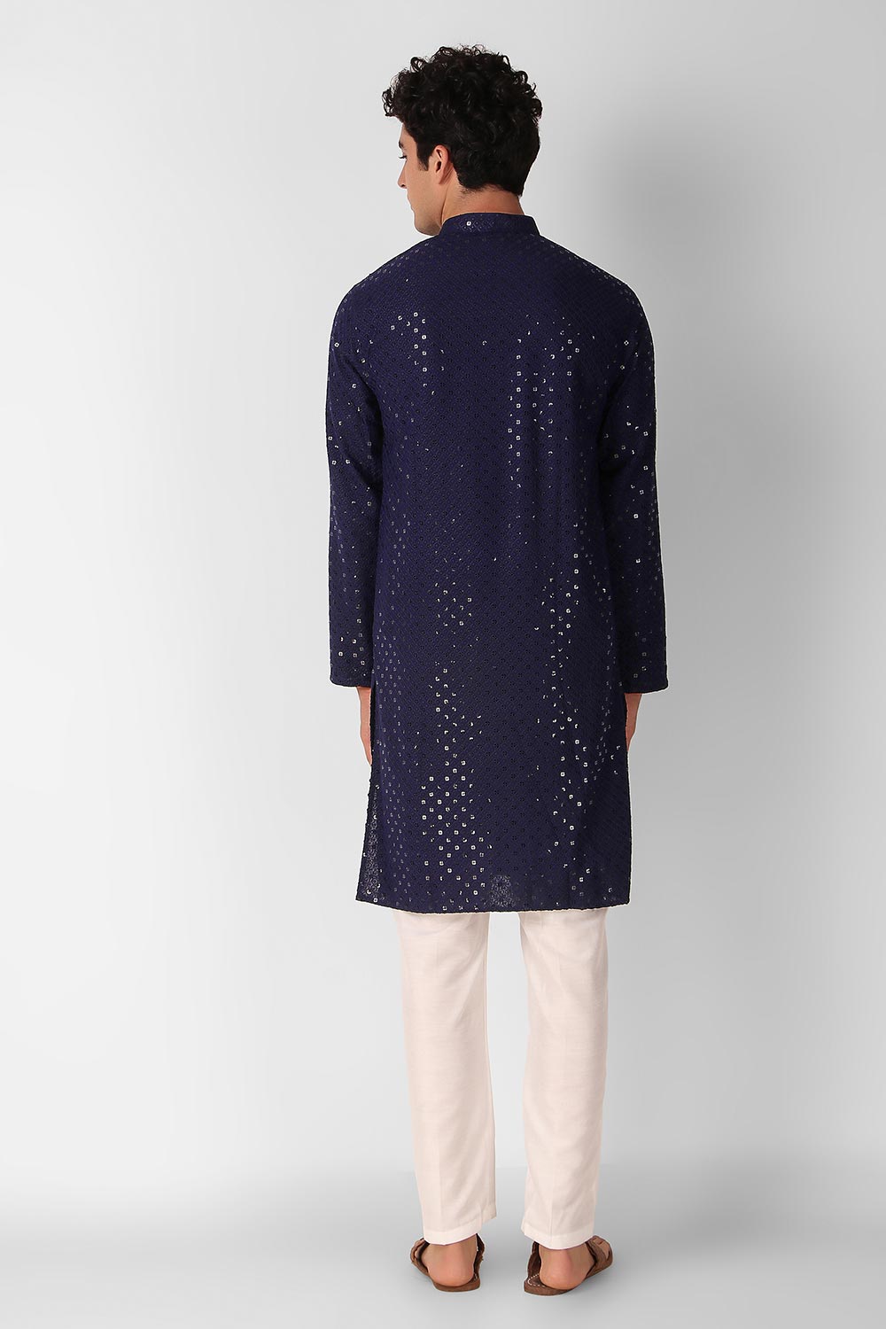 Navy Blue Cotton Embroidered Long Kurta