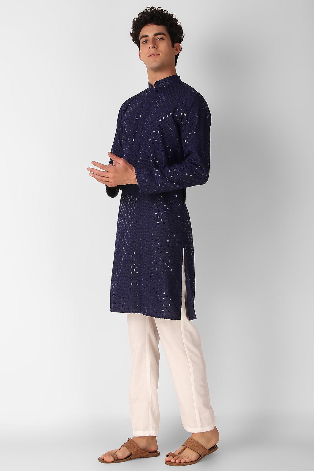 Navy Blue Cotton Embroidered Long Kurta