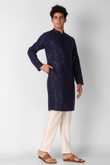 Navy Blue Cotton Embroidered Long Kurta