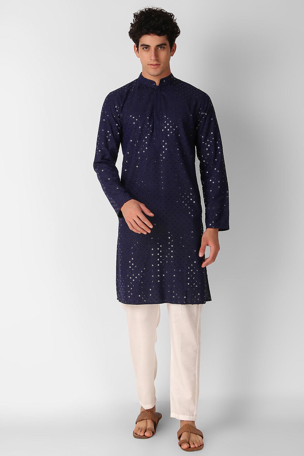 Navy Blue Cotton Embroidered Long Kurta