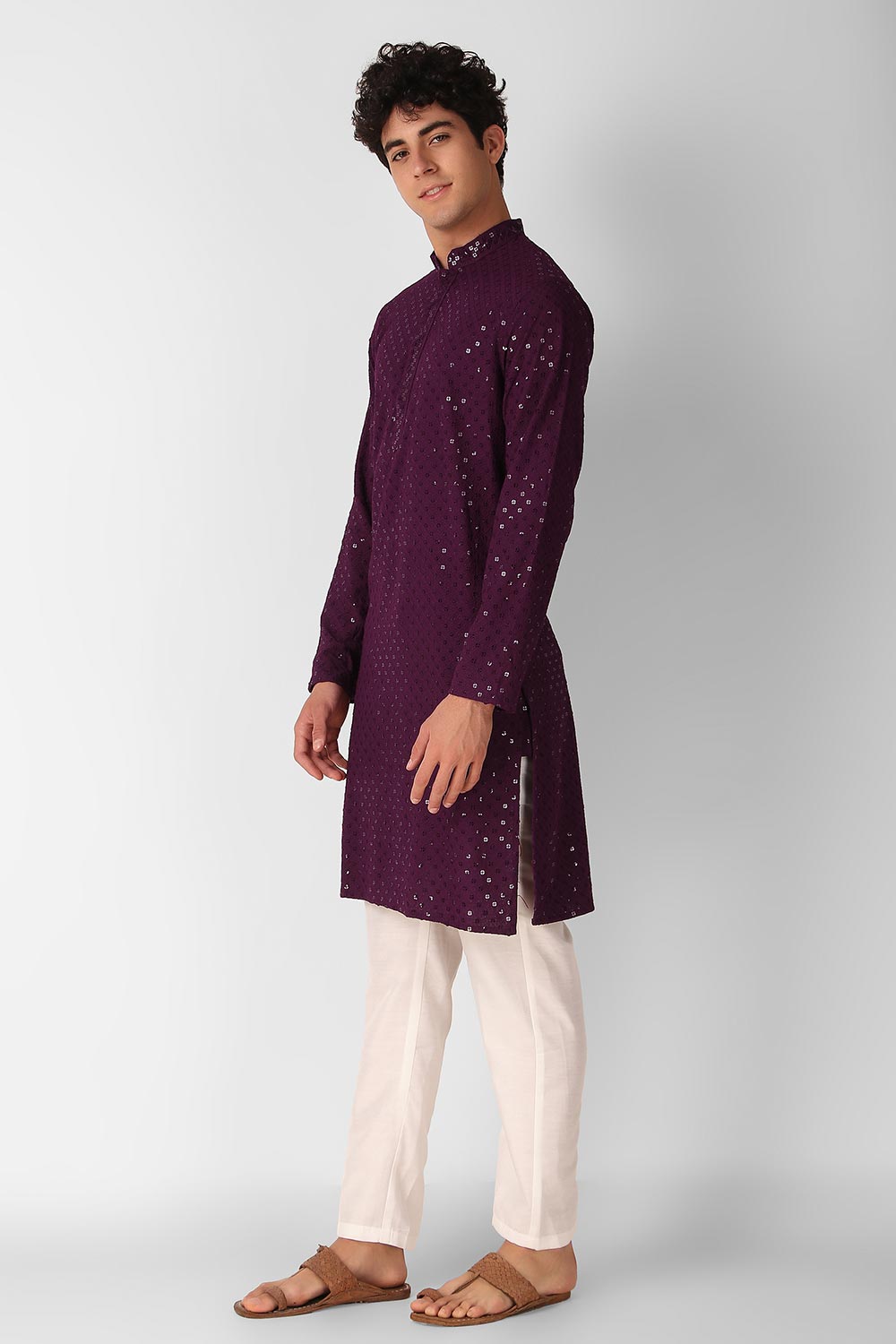 Wine Cotton Embroidered Long Kurta