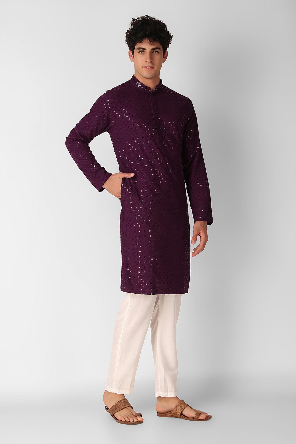 Wine Cotton Embroidered Long Kurta