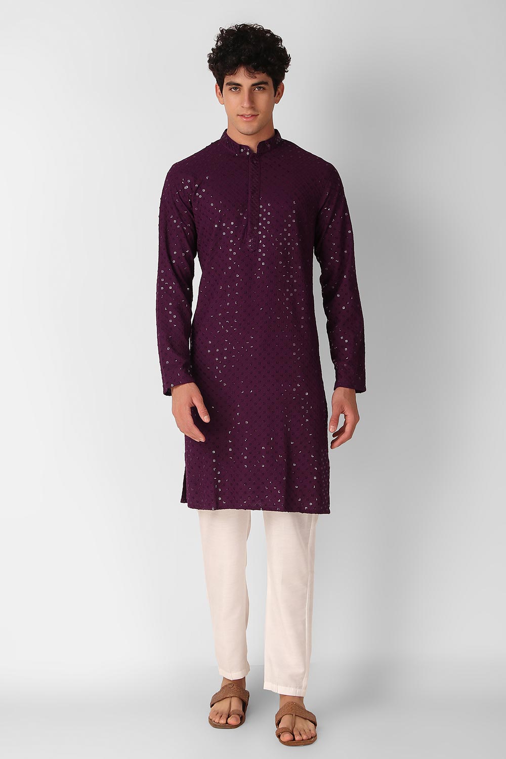 Wine Cotton Embroidered Long Kurta