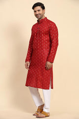 Red Cotton Woven Long Kurta