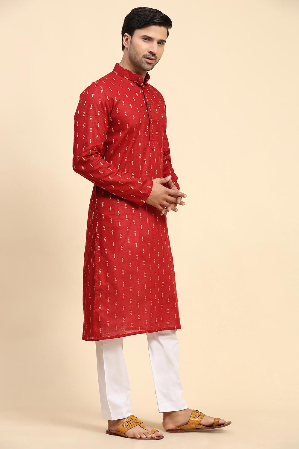 Red Cotton Woven Long Kurta