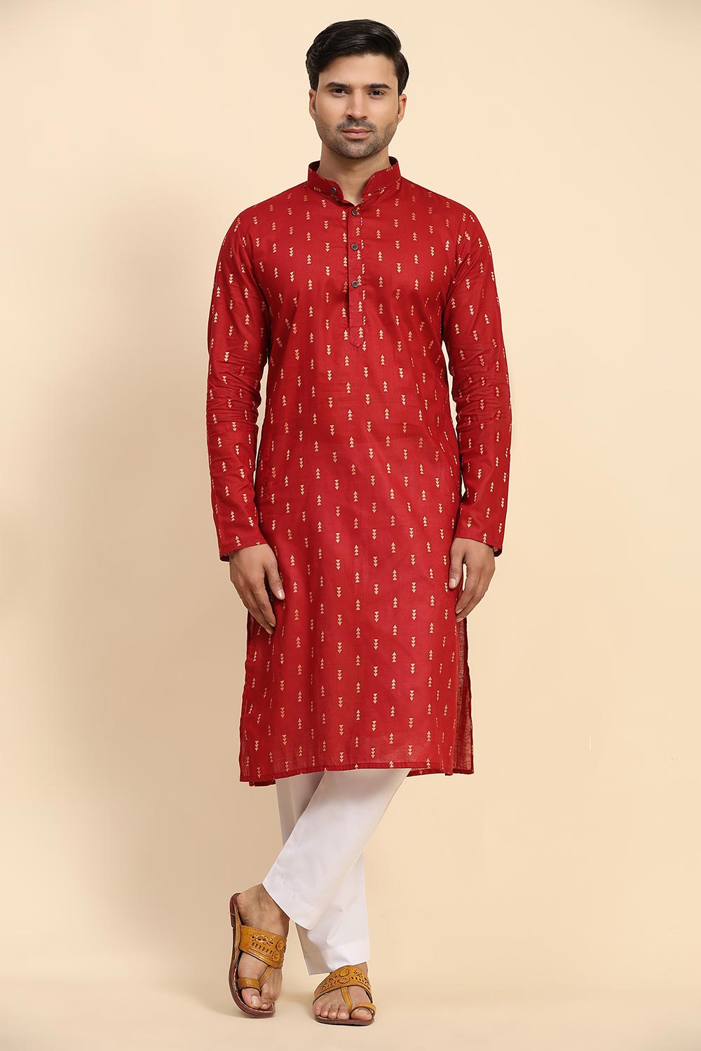 Red Cotton Woven Long Kurta