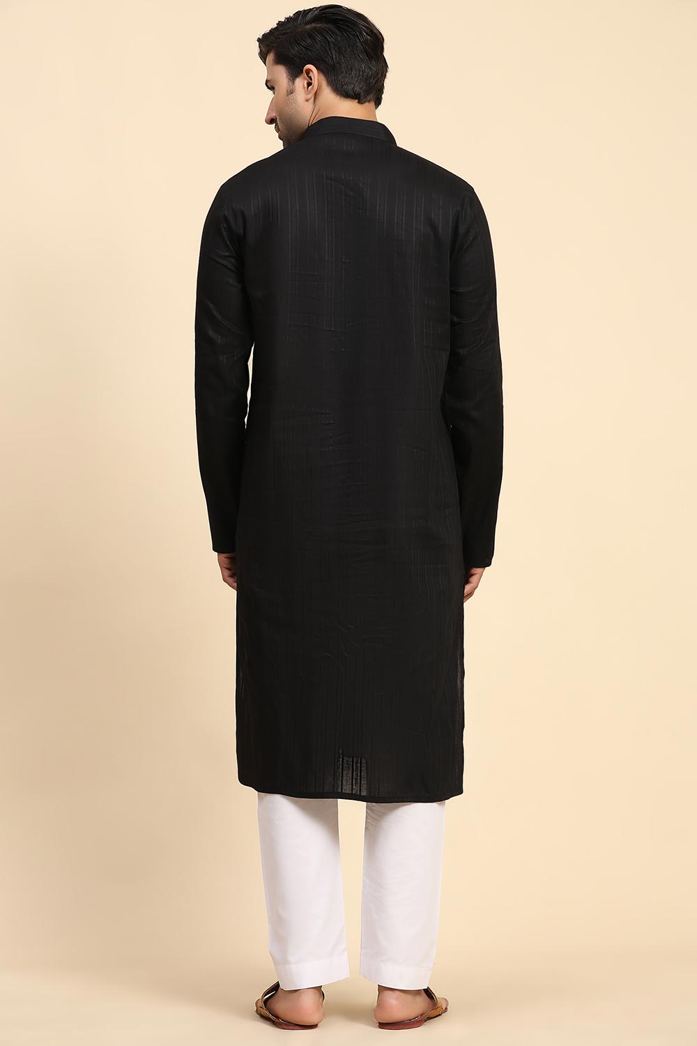 Black Cotton Woven Long Kurta