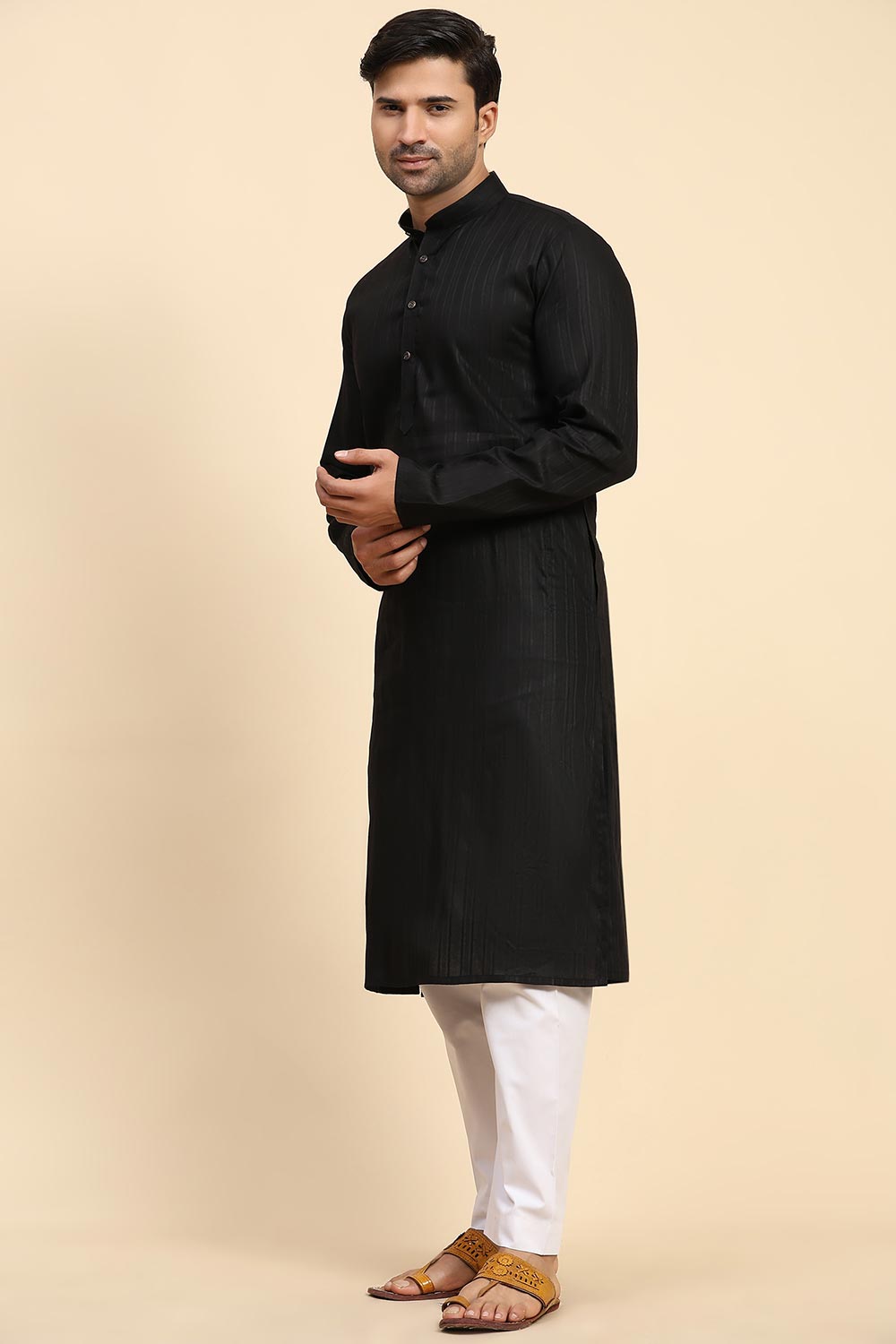 Black Cotton Woven Long Kurta