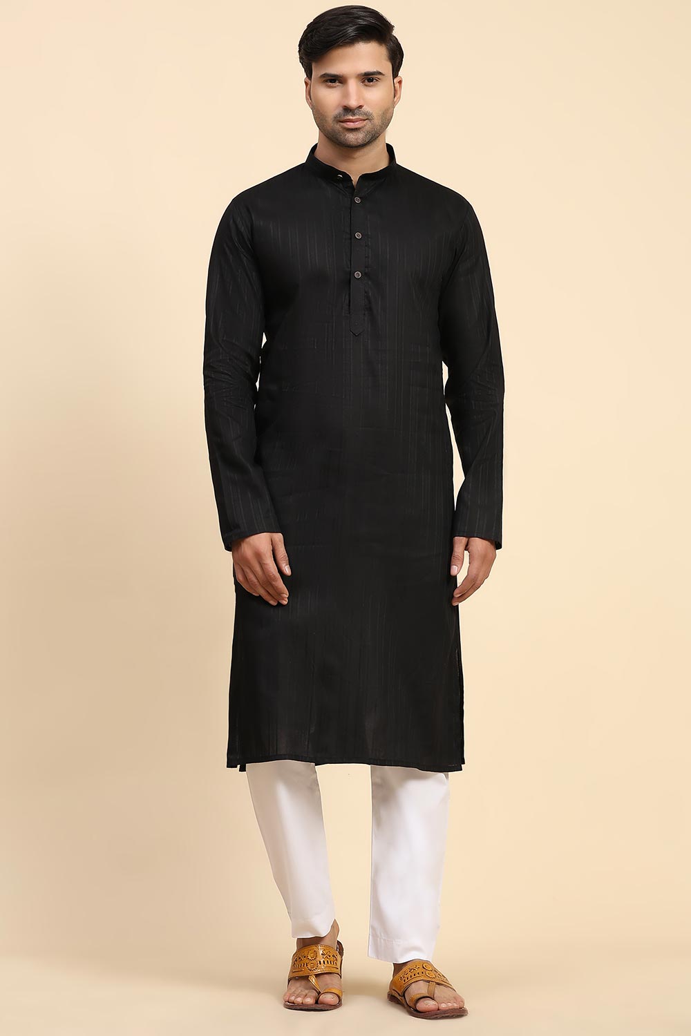 Black Cotton Woven Long Kurta