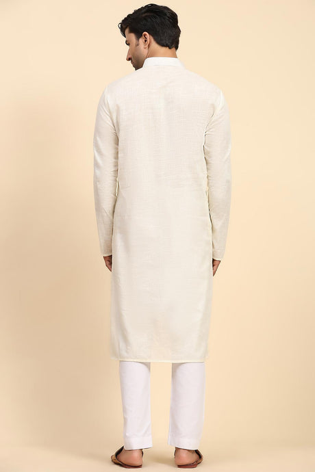 Off White Cotton Woven Long Kurta