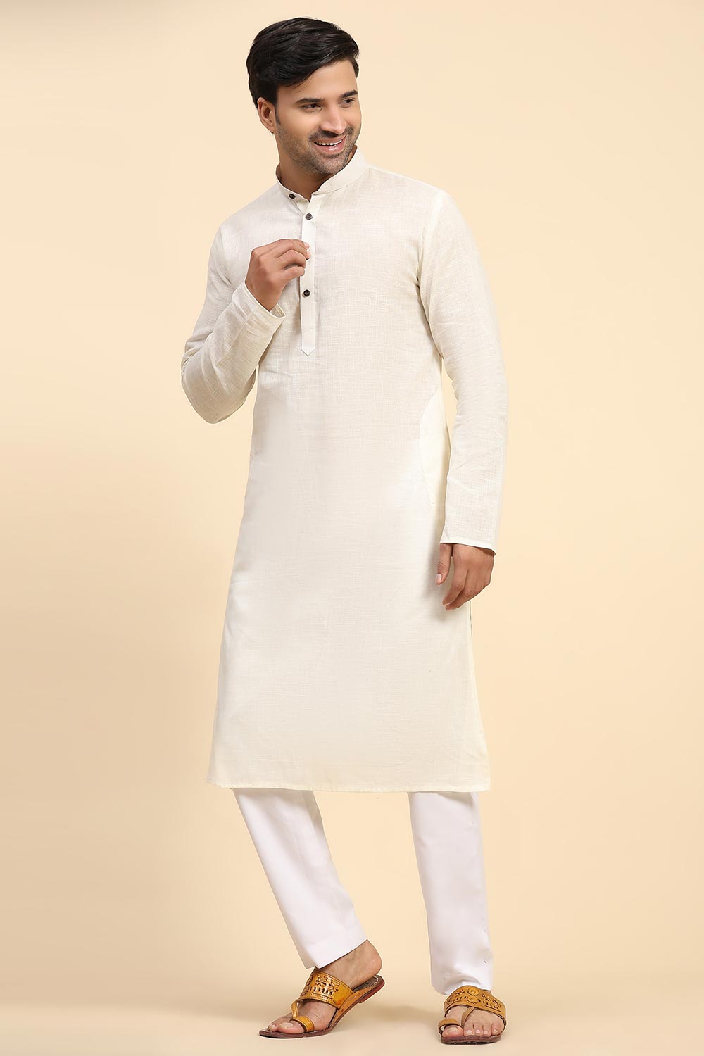 Off White Cotton Woven Long Kurta