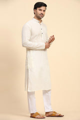 Off White Cotton Woven Long Kurta