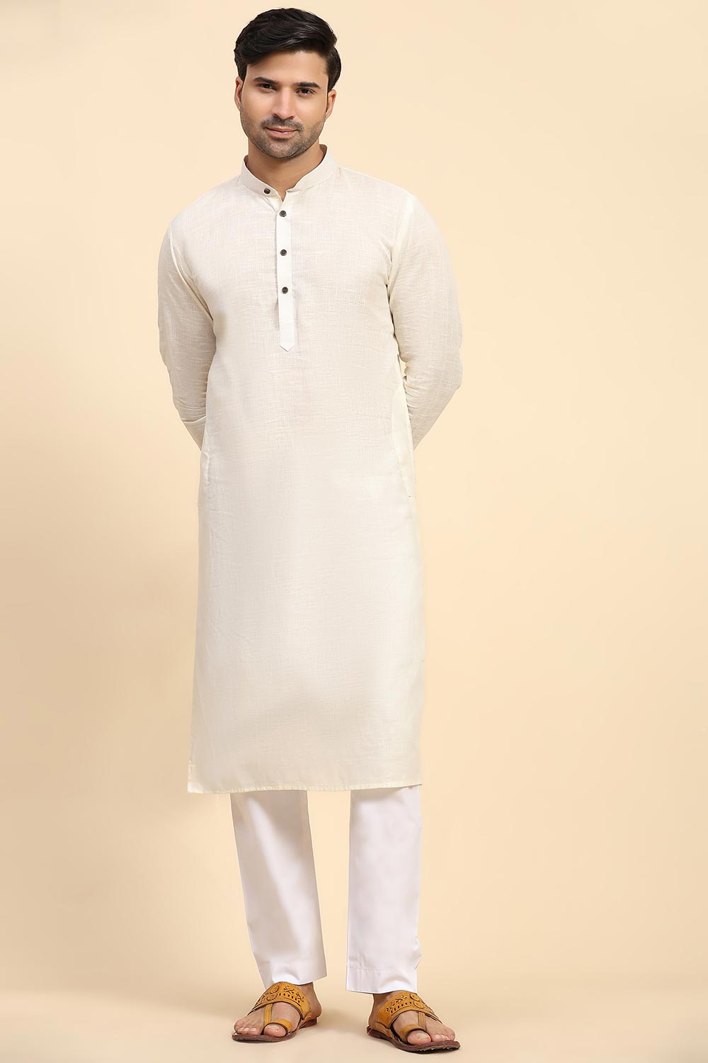 Off White Cotton Woven Long Kurta