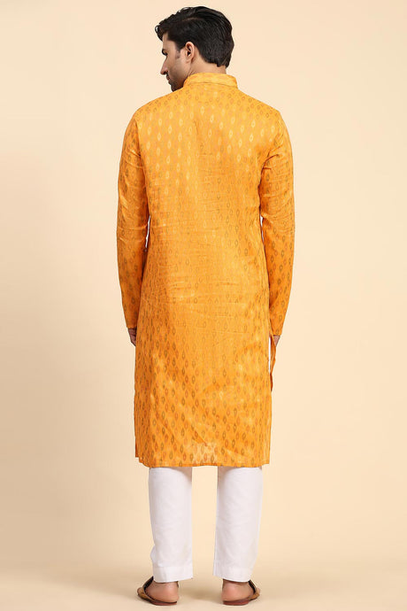 Yellow Cotton Woven Long Kurta