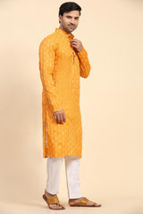 Yellow Cotton Woven Long Kurta