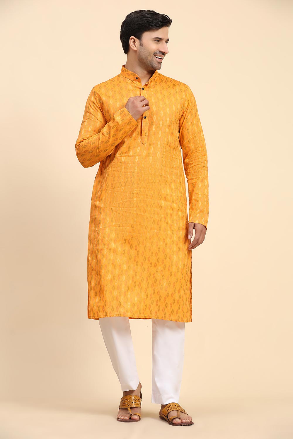 Yellow Cotton Woven Long Kurta