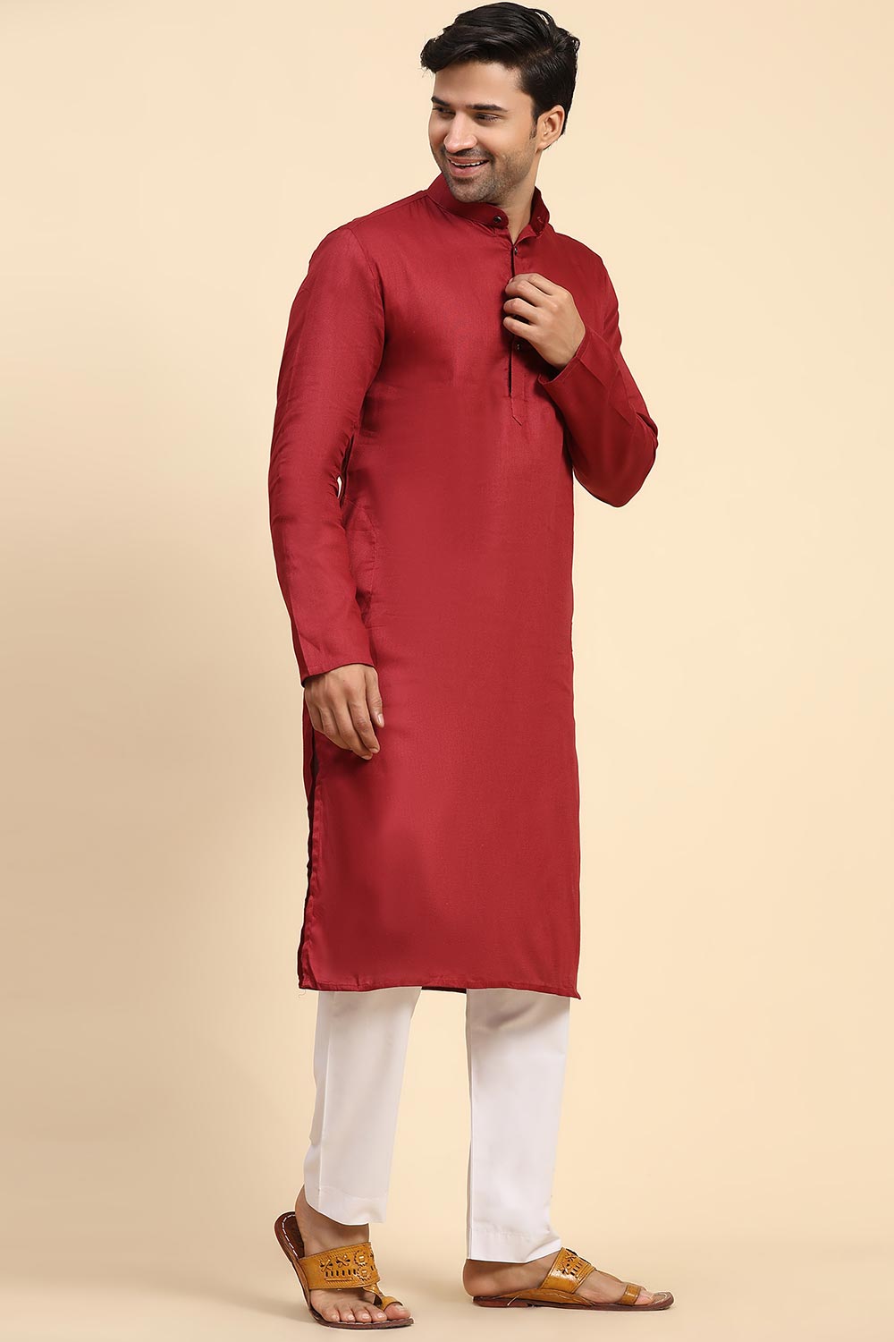 Maroon Cotton Woven Long Kurta