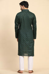 Green Cotton Woven Long Kurta