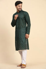 Green Cotton Woven Long Kurta