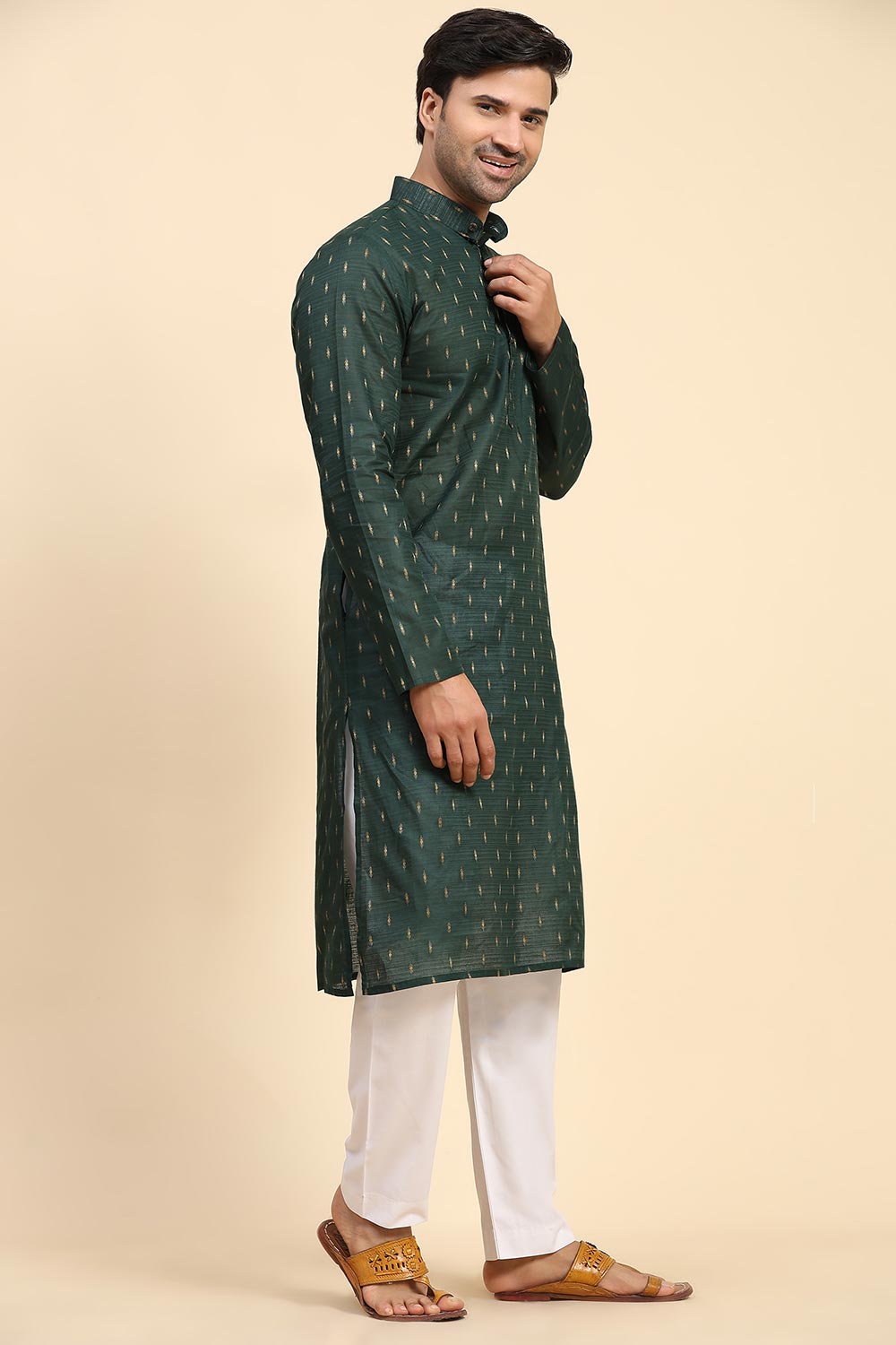 Green Cotton Woven Long Kurta