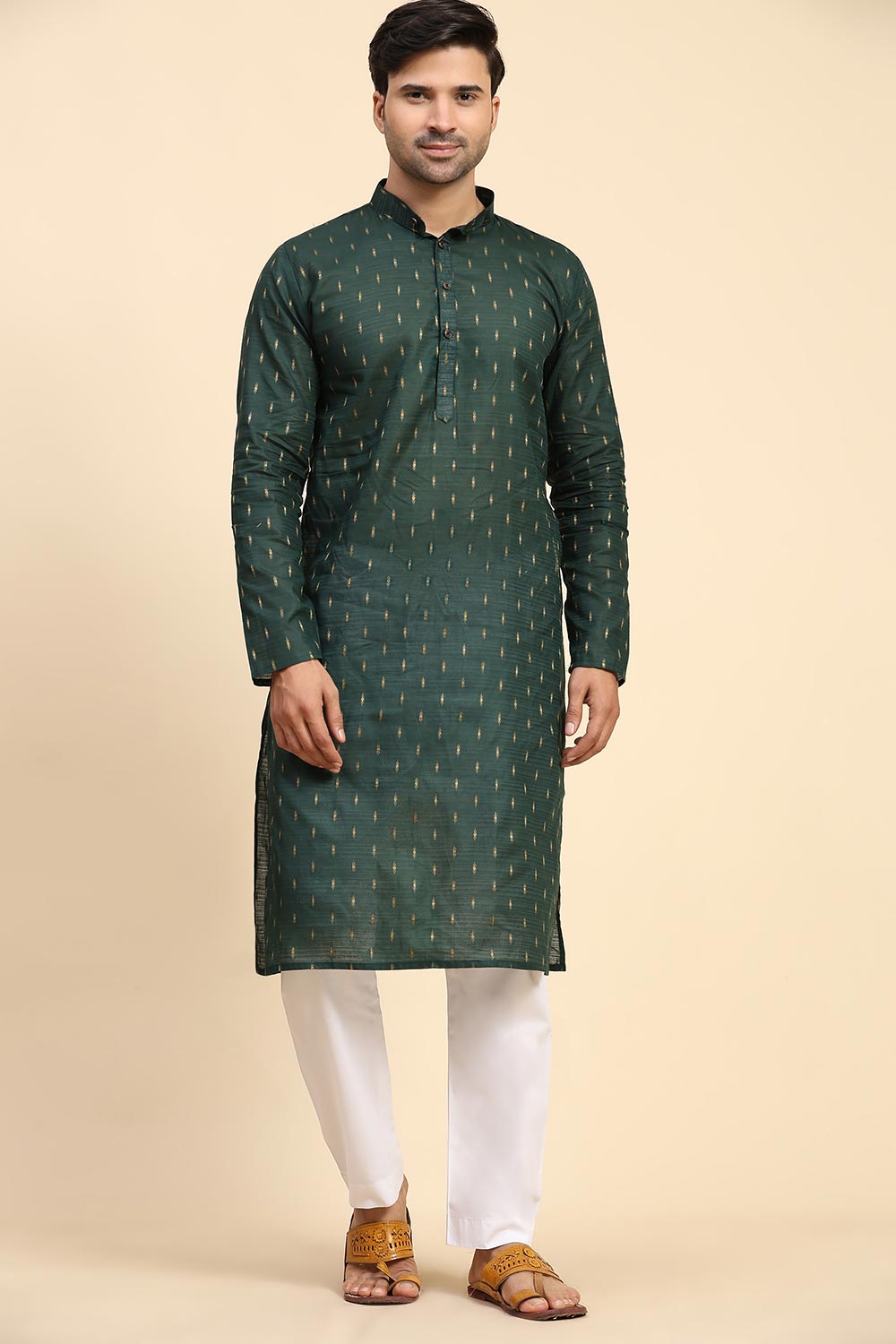 Green Cotton Woven Long Kurta