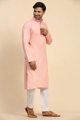 Pink Cotton Woven Long Kurta