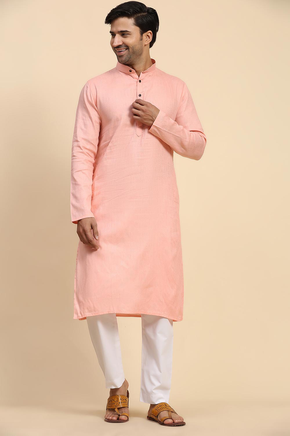 Pink Cotton Woven Long Kurta