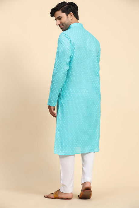 Blue Cotton Woven Long Kurta