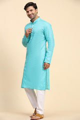 Blue Cotton Woven Long Kurta