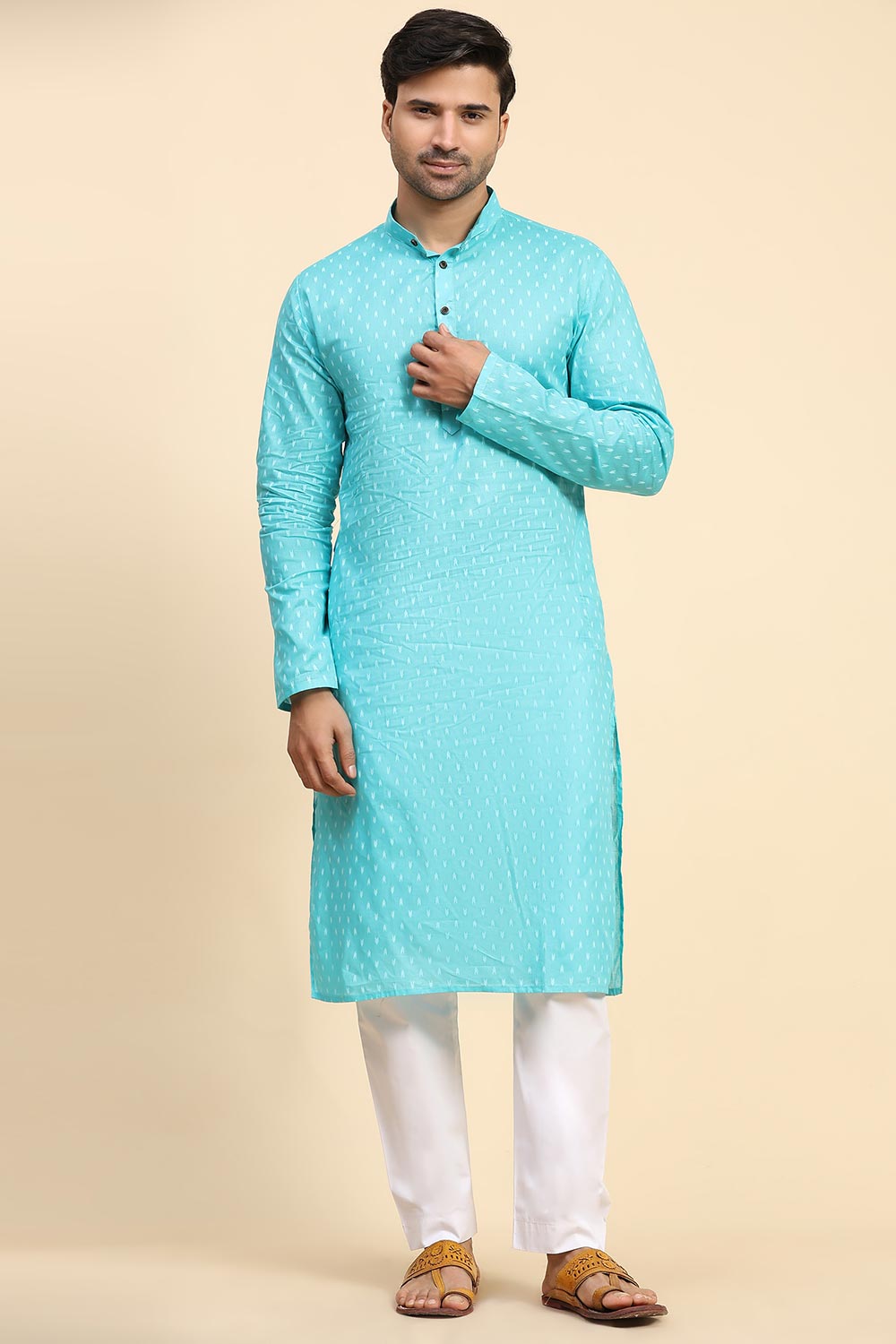 Blue Cotton Woven Long Kurta