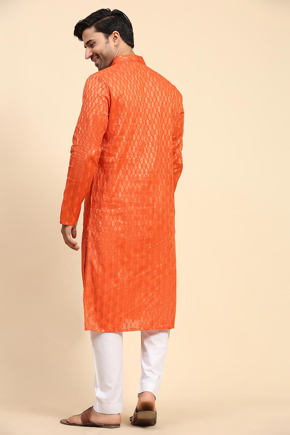 Orange Cotton Woven Long Kurta