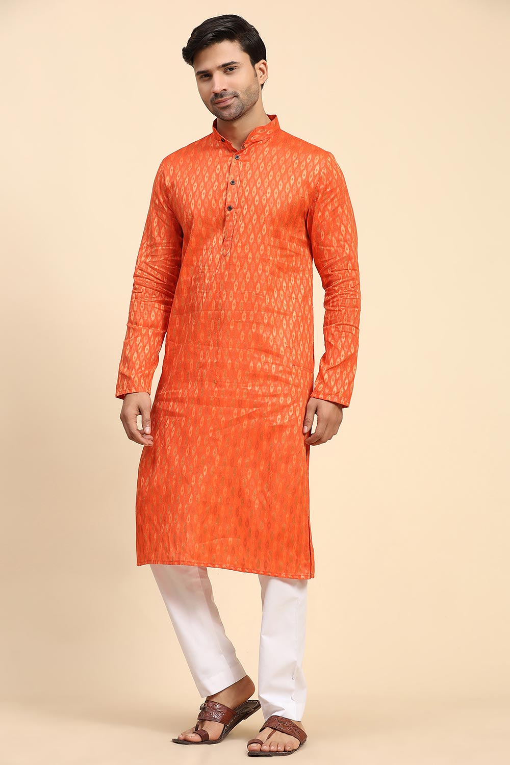 Orange Cotton Woven Long Kurta