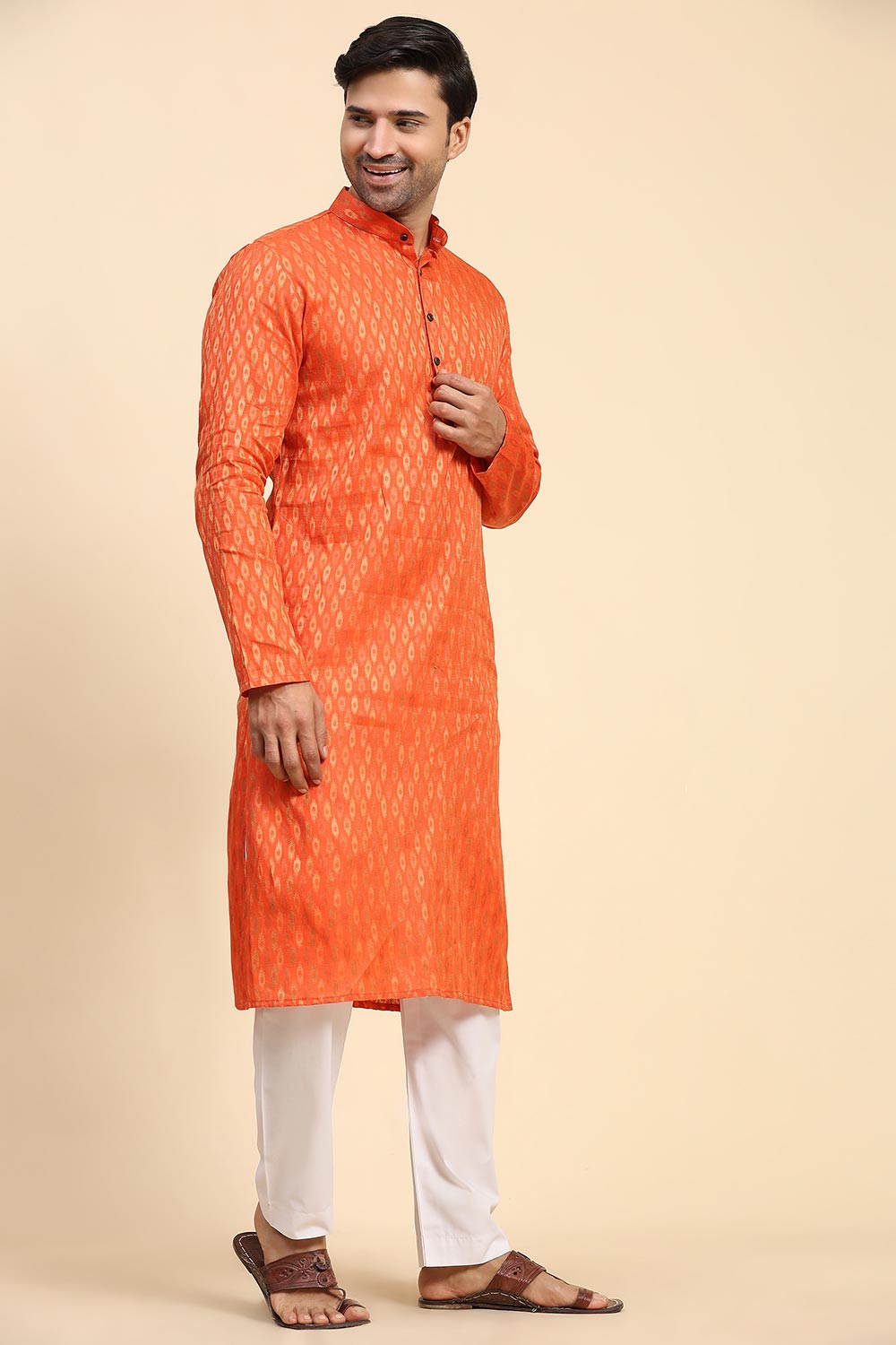 Orange Cotton Woven Long Kurta