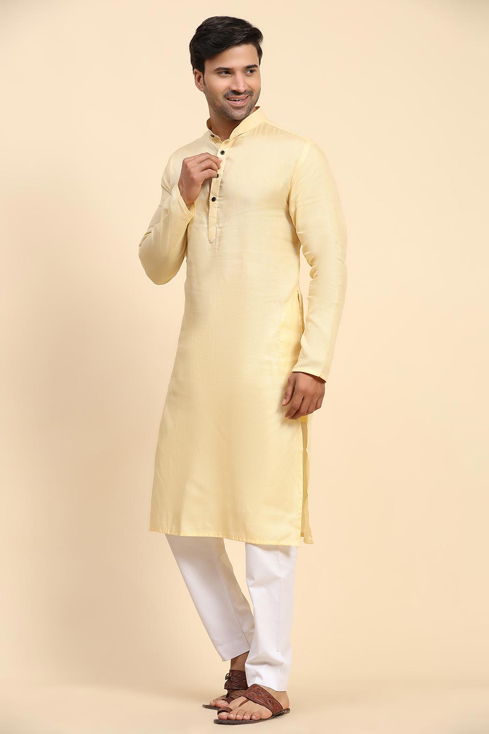 Yellow Cotton Woven Long Kurta