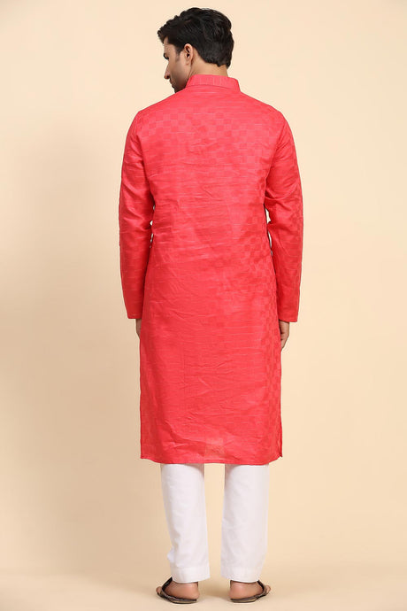 Pink Cotton Woven Long Kurta