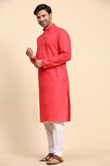 Pink Cotton Woven Long Kurta