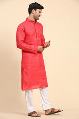 Pink Cotton Woven Long Kurta