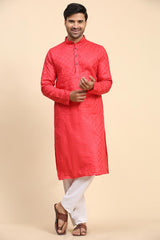 Pink Cotton Woven Long Kurta