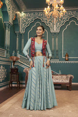 Pista Viscose Embroidered Lehenga Choli