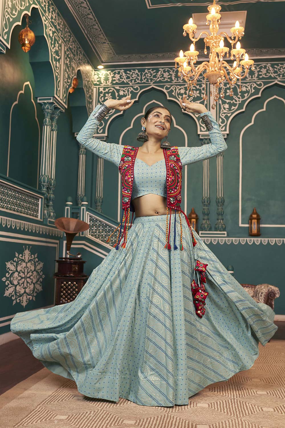 Pista Viscose Embroidered Lehenga Choli