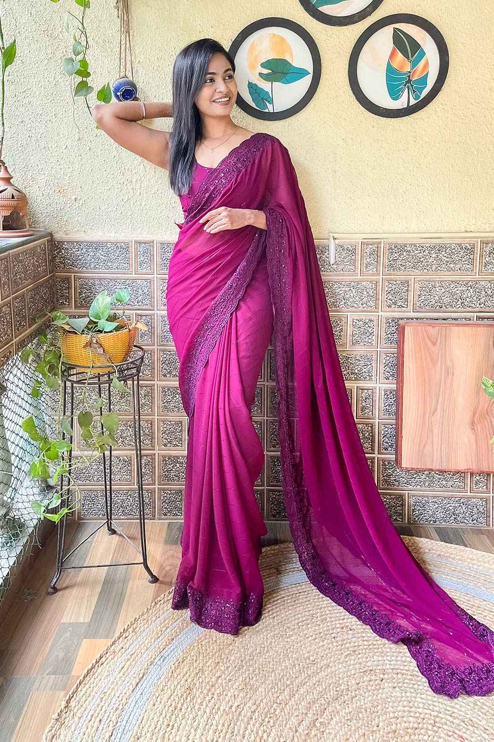 Wine Georgette Embroidered Saree