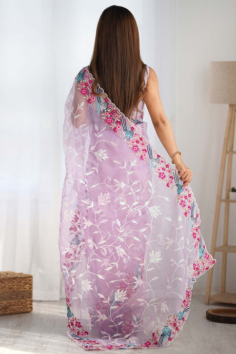 Lavender Organza Embroidered Saree