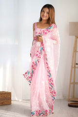 Pink Organza Embroidered Saree