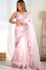 Pink Organza Embroidered Saree