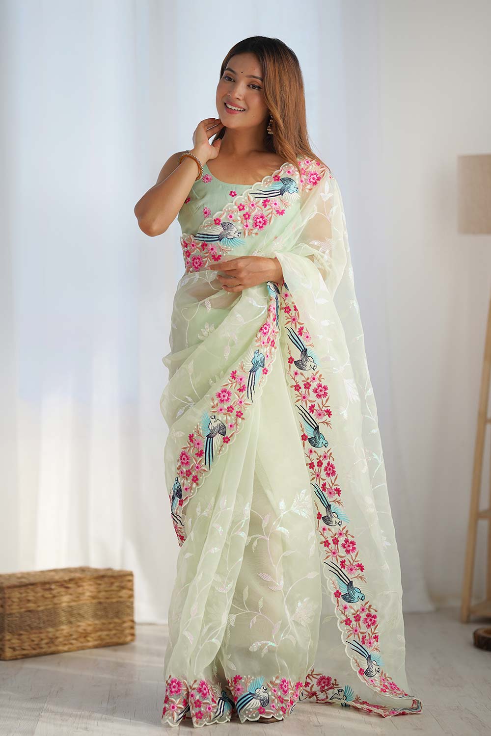 Pista Organza Embroidered Saree