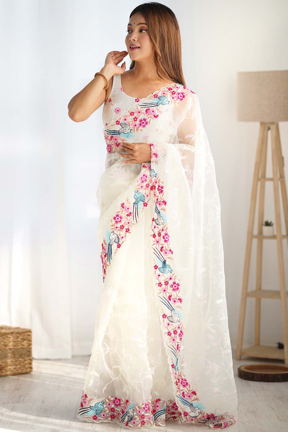 White Organza Embroidered Saree