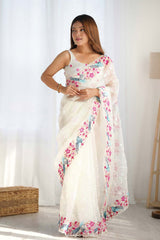 White Organza Embroidered Saree