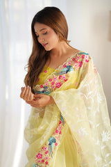 Yellow Organza Embroidered Saree