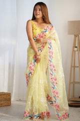 Yellow Organza Embroidered Saree